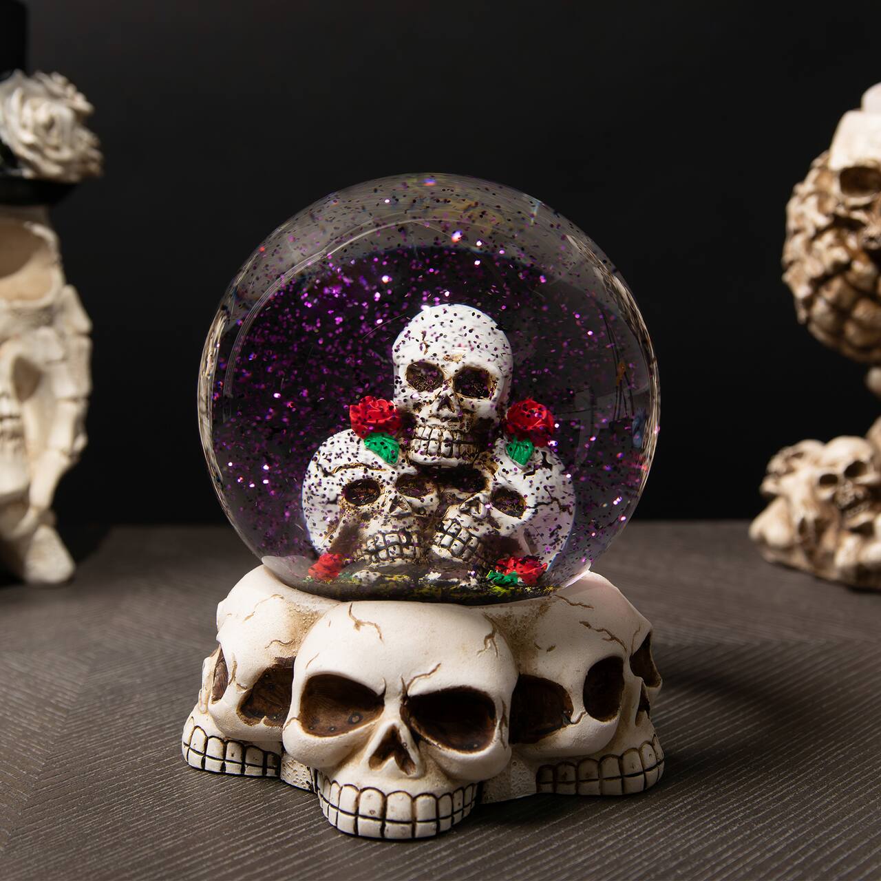 LED Lighted Skulls and Roses Halloween Snow Globe with Sound - 6"